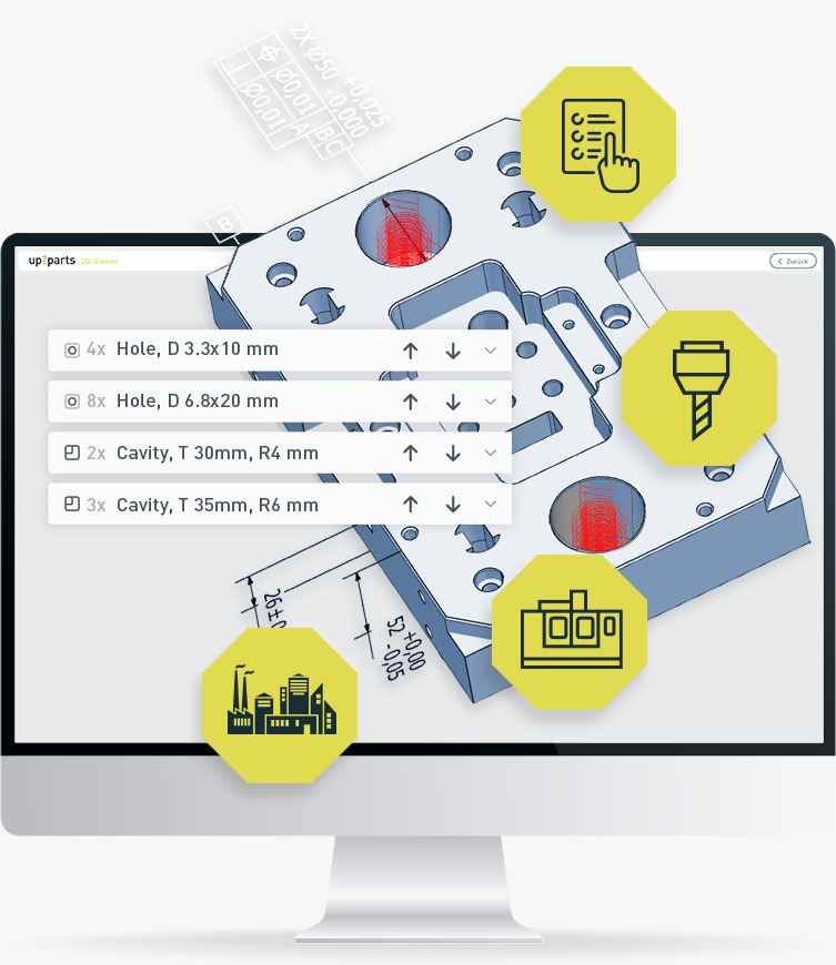 Interface Up2Parts exibindo uma peça usinada e recursos de automação